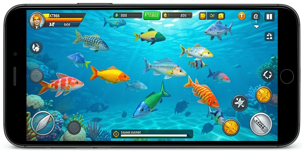 Tampilan gameplay AT866 yang seru dengan banyak ikan untuk ditangkap.