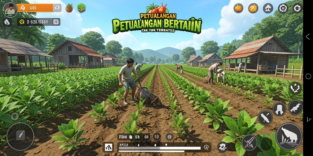 Tampilan menarik dari gameplay F32 yang penuh warna dan aktivitas bertani.