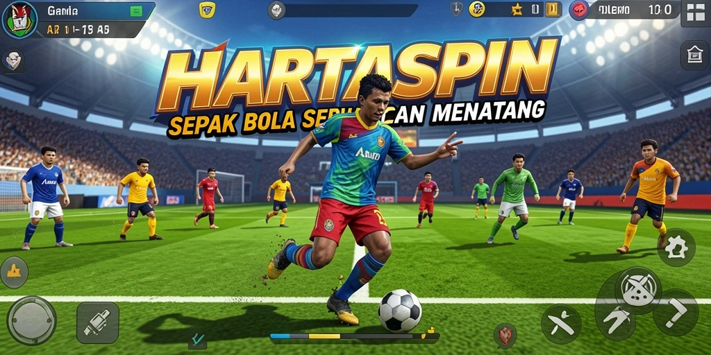 Gameplay seru HARTASPIN menampilkan aksi sepak bola yang mendebarkan.