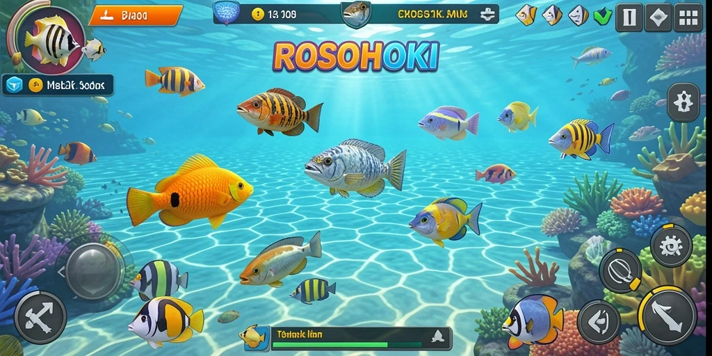 Screenshot gameplay ROSOHOKI menampilkan aksi menembak ikan yang mendebarkan.