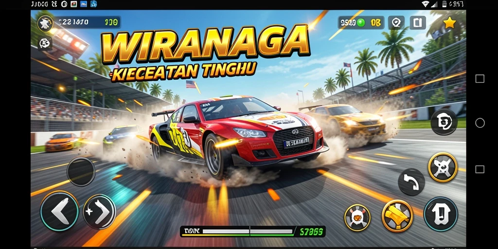 Tampilan gameplay WIRANAGA dengan mobil balap beraksi di trek.